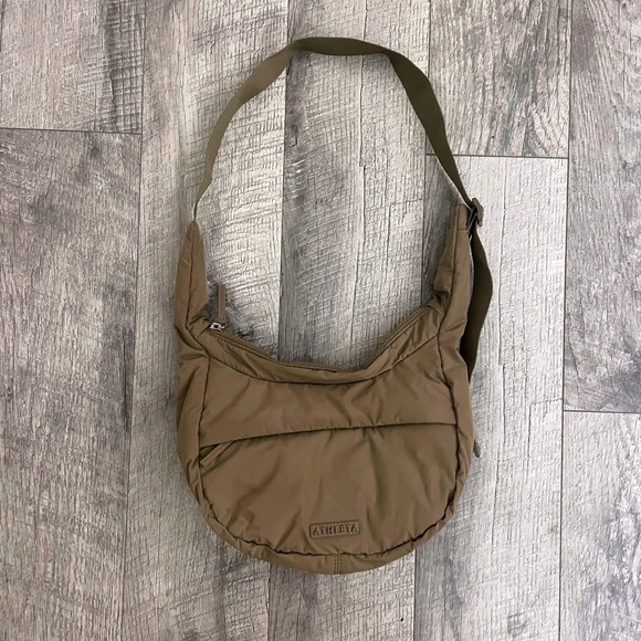 Athleta Handbags - Athleta All About Crossbody Bag Brown Padded Nylon Crescent Sling Adjustable Zip